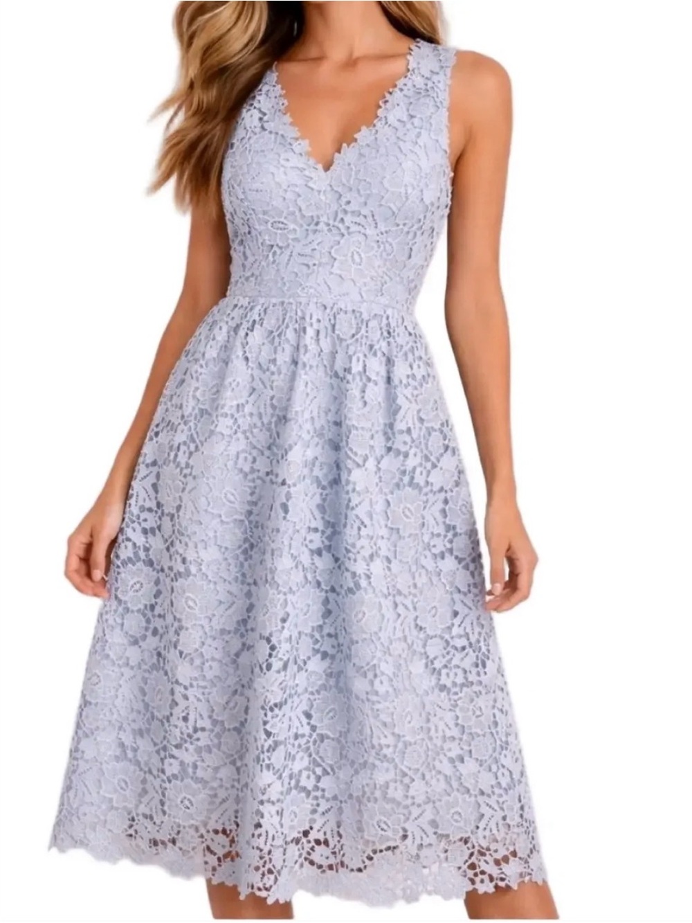 ASTR Light Blue Lace V-Neck Midi Dress LIKE NEW